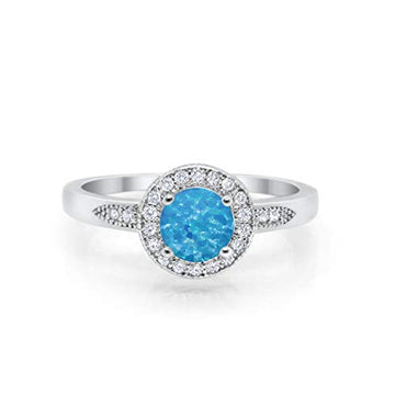 Halo Wedding Ring Round Lab Created Blue Opal 925 Sterling Silver